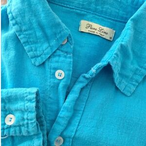 Puro Lino Made Italy Turquoise Blue Linen Long Sleeve Button Shirt Womens Sz M